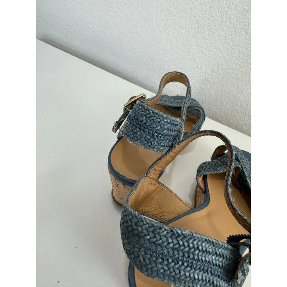 Franco Sarto Cara Espadrille Wedge Mary Jane Sandals Blue Woven 6.5M